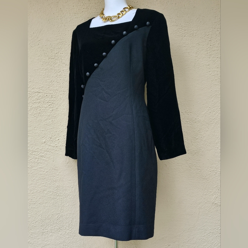 Vintage 80's Gillian Black Crushed Velvet Shift Long Sleeve Midi Dress Size 14